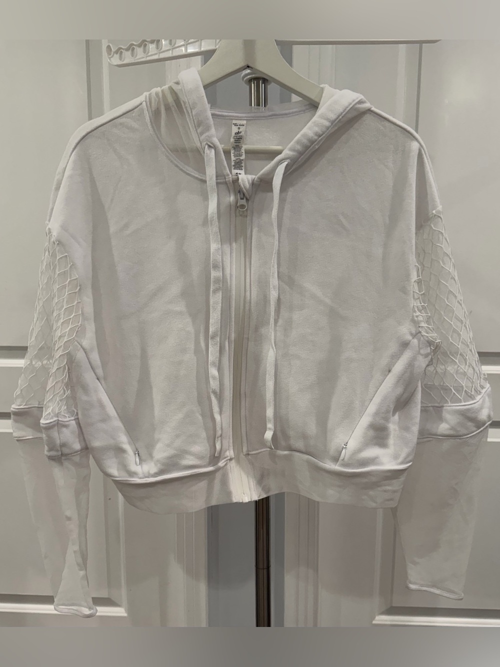 ALO - white Mesh Crop Hoodie front zipper FLAWS SEE!